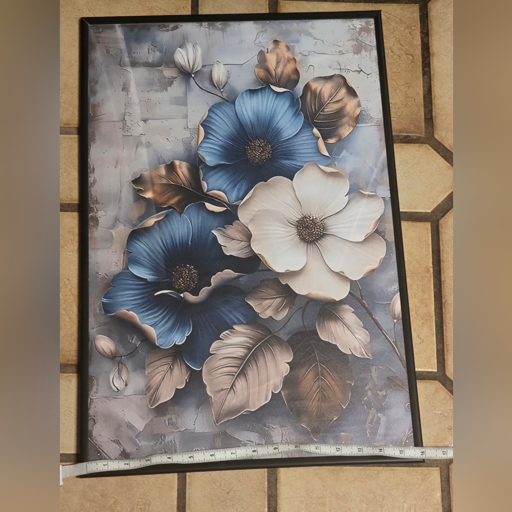 Framed Blue and Cream Floral Wall Art And Decale Bunndle.